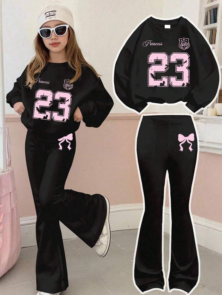 1 bộ đồ thể thao Y2K Sweet cho bé gái - Phong cách cá tính, số "23" & nơ trang trí, mềm mại và thoải mái, trang phục thường ngày - màu đen - Xem 1