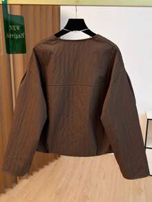 Women's Casual Jacket, Striped Woven Fabric, Pockets With Zipper, Puff Shoulder Design, Oversized Fit, Suitable For Various Figures, High-Quality Solid Color, Simple And Fashionable, Versatile For Daily Commute In Autumn/Winter - Coffee Brown - View 11