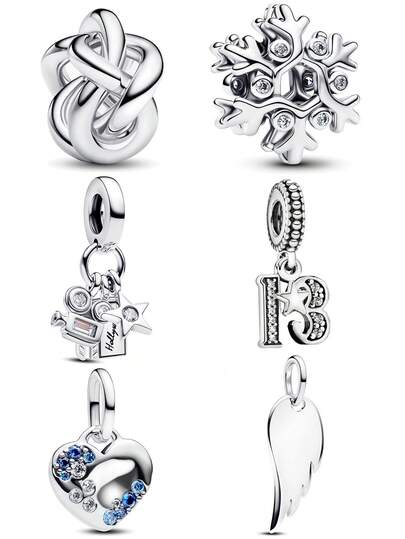 1pc Fashionable Shiny Silver Series Rope Knot, Snowflake, Wing, Heart, Number, Movie Charm Pendant, Versatile DIY Bracelet, Necklace, Small Gift