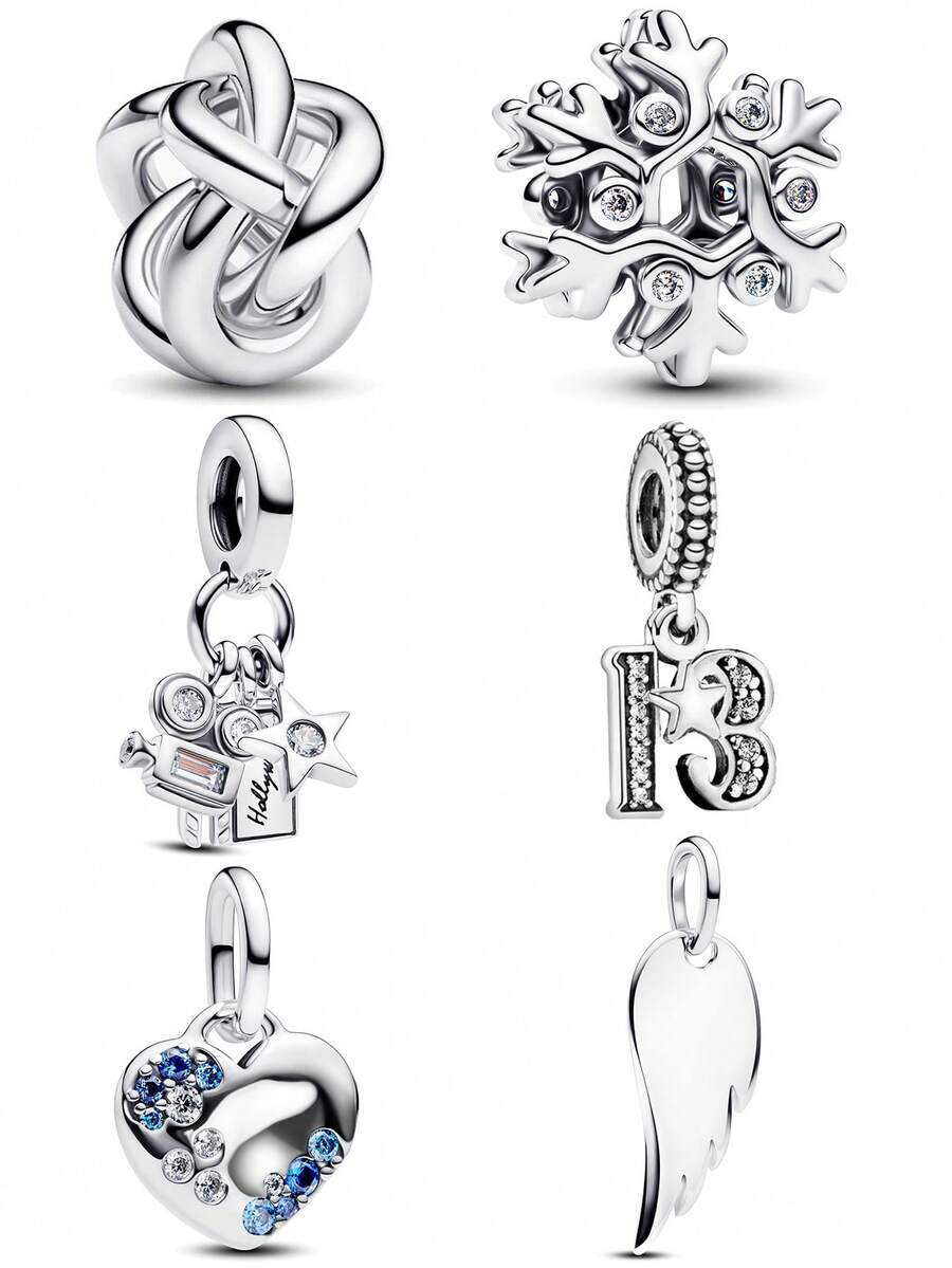 1个时尚闪亮银色系列绳结，雪花、翅膀、心形、数字、电影主题珠子吊坠，百搭铜质DIY手链项链小礼物 - 銀色 - 查看 1