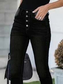 Women's Button Front Pocket Elastic Skinny Jeans - Black - View 4