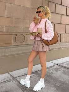 Áo khoác cardigan dệt kim dày dặn dành cho nữ, dáng ngắn, màu trơn, tay dài, dáng rộng, phù hợp mặc hàng ngày, màu hồng mùa thu. - Hồng - Xem 4