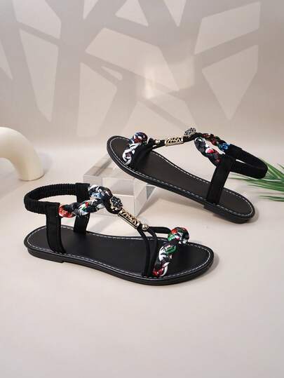 1 đôi sandal đế bằng hở mũi bằng da lộn giả, đính hoa và hạt cườm, phong cách Bohemian, phù hợp cho trang phục thường ngày, dạo phố, dành cho thanh thiếu niên.