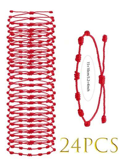 24pcs Adjustable Red Rope Bracelet Set, Handmade 7-Knot Bracelet Classic Stackable Bracelet, Fashion Bracelet Accessories For Couples And Friends, Friendship Bracelet, Couple Bracelet, Red Rope Lucky Bracelet Set, Card Packaging, Suitable For Gift Or Daily Wear