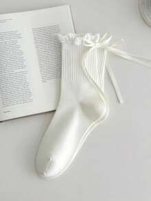 1 双女士秋冬新款蝴蝶结芭蕾袜，纯色蕾丝边甜美中筒袜，百搭日常穿着 - 彩色 - 查看 14