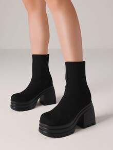 Women's Y2K Goth Platform Ankle Boots Fashion Chunky High Heels Pull On Round Toe Party Street Cosplay Boots Woman - 黑色 - 查看 2