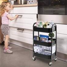 WILLINGTE Carrito de Almacenamiento Metal con 3 Niveles, Carrito de Utilidadóvil, Organizador con Ruedas, Fácil de Montar para Oficina para Baño, Cocina, Salón, Oficina (Negro) - rosa - Ver 6