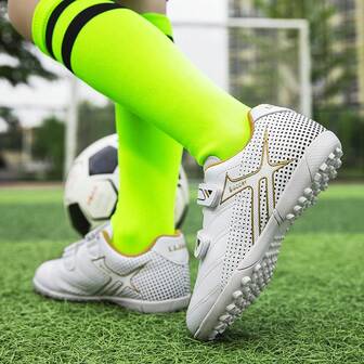 Boys Soccer Cleats -Shock-Resistant BreathableComfortable And Ready For Competition - Hook AndLoop Fastener Pu Upper Nylon Lining EVA Insole Print Patterned Design