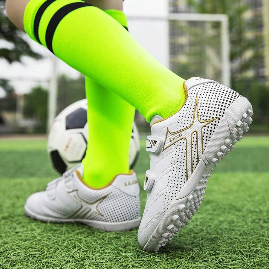 Boys Soccer Cleats -Shock-Resistant BreathableComfortable And Ready For Competition - Hook AndLoop Fastener Pu Upper Nylon Lining EVA Insole Print Patterned Design - White - View 1