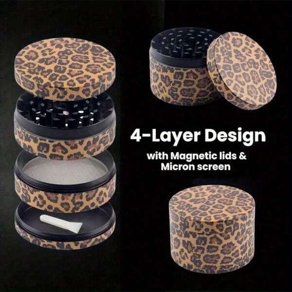 1.6/2 Inch Leopard Print Herb Grinder Spice Mill Mortar Pestle Salt Crusher Tobacco Bud Vanilla 4 Sections Portable Grass Grinder Zinc Alloy Cigarette Shredder Smoking Accessories Gift