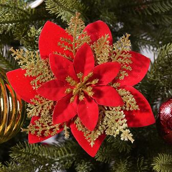 2pcs/10pcs Shiny Red & Gold Artificial Flower (With Clips), Multi-Color Tree Ornaments For New Year, Wedding, Party, Wreath And DIY Flower Garland Best Gifts Home Decor Christmas Decorations Room Decor Christmas Winter Christmas Decorations Home Christmas Gifts Christmas Decor