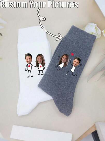 Customized Photo Socks, Personalized Couple Gifts, Photo Printed Socks, Couple Socks, Personalized Socks, Gifts For Boyfriend, Valentine's Day Socks, Personalized Gifts For Boyfriend, Girlfriend Or Couples, Knitted Fabric, Polyester, Hand Wash Only, Creative Socks | Customized Portrait Socks | Knitted Texture, Cute Socks