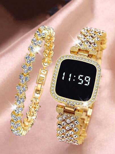 Set de 2 piezas: Reloj de cuarzo con esfera cuadrada de alta calidad y con diamantes de imitación para adolescentes + Pulsera con diamantes de imitación, adecuado para regalos de cumpleaños, aniversario, Navidad y otras festividades