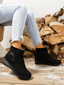 New Fashion Plus Size Warm Suede Leather Lining Snow Boots, Wedge Heel, Comfortable Anti-Slip Ankle Boots For Autumn/Winter, Fur Boots - Black - View 6