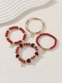 4pcs Bohemian Handmade Glass Beaded Bracelet Set With Flower Bead & Butterfly Pendant For Women, Elastic - Đỏ - Xem 5