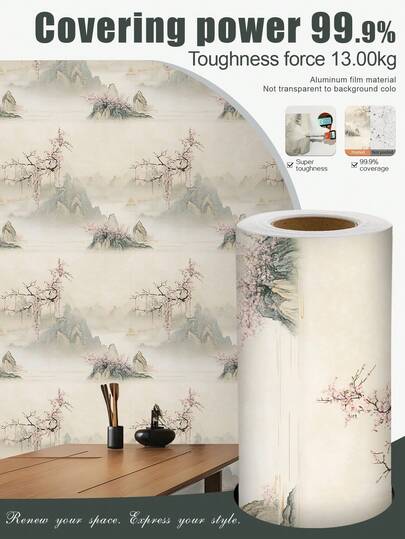 1 Roll 1m/3m/5m Vintage Green Landscape & Floral Art Style Wallpaper, Suitable For Home Renovation, Room Decor, Cabinet Refurbishing, Bathroom Decor, Waterproof, Stain-Resistant, Flexible, Easy To Clean, Self-Adhesive Vinyl Wallpaper