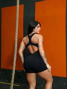 Seamless High Waist Ribbed Sports Gym Yoga Jumpsuit YI-60 - Black - View 1