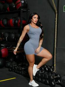 Seamless High Waist Ribbed Sports Gym Yoga Jumpsuit YI-60 - Grey - View 4