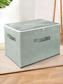 1 pieza Caja de almacenamiento a rayas verdes, de tela no tejida con doble asa y tapa, de gran capacidad, a prueba de humedad y polvo, con diseño de cremallera, adecuada para armario, ropa de cama, juguetes, sala de estar, dormitorio, disponible en una variedad de tamaños para satisfacer diferentes necesidades de almacenamiento, plegable para ahorrar espacio