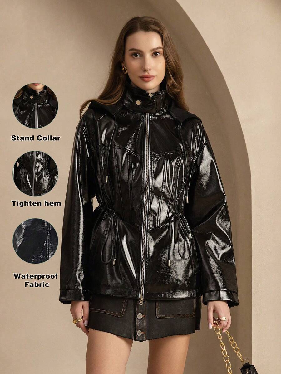 ZIAI Solid Color Stand Collar Zip Drawstring Jacket