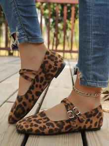 Zapatos planos de mujer con estampado de leopardo para primavera/otoño, bailarinas de moda con tiras cruzadas para uso diario, cómodos y ligeros mocasines con estilo retro y suela antideslizante - Estampado de leopardo de cabeza cuadrada - Ver 4