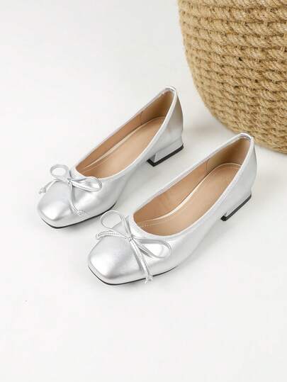2025 Autumn Women's New Fashion Silver Color Thick Heel Comfortable Flat Slip-On Bow Pumps, Low Heel Office Shoes Matching Dresses, Flats, Fall, Women's Autumn/Winter Boots