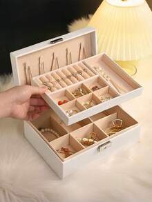 1pc Dual Layer Large Capacity Jewelry Box, Minimalist Leather Jewelry Storage Box, Portable Solid Color Rectangular Jewelry Organizer, Vanity Jewelry Box With Drawer, PU Leather Travel Jewelry Box, Convenient For Travel, Dual Layer Storage Box, Large Capacity For Earrings, Necklaces, Bracelets