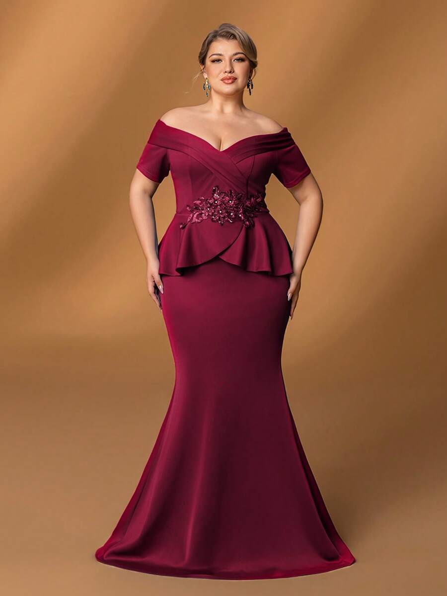 Faeriesty Mosy Plus Off Shoulder Short Sleeves Floral Applique Memaid Hem Mother Of The Bride Dress&Formal Evening Dress