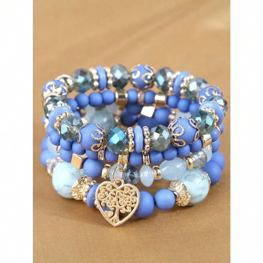 4pcs/Set Heart Charm Beaded Bracelet Valentines,Mom,Mother,Mother's Day,Gift - Baby Blue - View 1