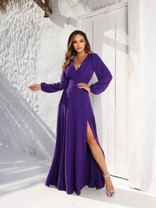 Long V-Neck Dress Lavana Helena NM Nana Marie Simple Elegant Party Fabric Fits Well At The Waist Party Party Wedding Graduation Party Formal & Evening Wedding Guest Prom Graduation Season - 紫色 - 查看 1