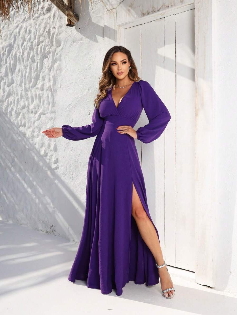 Long V-Neck Dress Lavana Helena NM Nana Marie Simple Elegant Party Fabric Fits Well At The Waist Party Party Wedding Graduation Party Formal & Evening Wedding Guest Prom Graduation Season - 紫色 - 查看 1