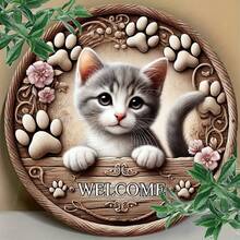 1pc Vintage Round Metal Welcome Sign - 2D Flat Wall Art With Cute Cat & Floral Design, Suitable For Indoor/Outdoor Use, Country Home Decor, Perfect Gift, Fits Home, Cafe, Apartment, Restaurant, Living Room, Outdoor Decor, Cafe Decor, Farmhouse Style, Durable Metal Plaque, 2D Flat - Multicolor - View 7