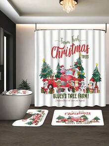 [Christmas Bluey Shower Curtain Window Curtain Set] 1/3/4pcs Christmas Solid Color Santa Hat Bluey Family And Friends Holiday Pattern Printed Shower Curtain Set, Modern Design, Suitable For All Seasons, Waterproof Polyester Hooks And Lining, Flannel Material, Soft Surface, Absorbent Anti-Slip Bathroom Mat, Bathroom Set Includes U-Shaped Mat, Toilet Mat, Anti-Slip Bathroom Mat And Bathroom Accessories, Home Decor, Holiday Decor, Christmas Gift, Daily Decor, Gift Giving