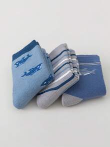 5 Pairs Boys' Crew Socks, Toddler Kids' Mid-Calf Socks, White & Blue, Color Block, Cartoon Letter, Striped, Shark Pattern, Plush Lining, Spring/Autumn & Winter, Thick, Suitable For Daily Wear, Gifts, Cute, Fashionable, Minimalist, Suitable For Daily Outfit, Students, Warm - Multicolor - View 11