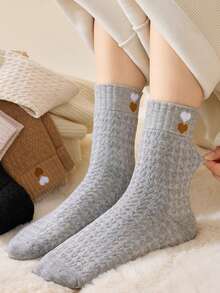 5 Pairs Women's Plush Thickened Warm Socks With Heart Pattern Design, Marled Color, Ideal For Daily Wear, Mid-Calf Length