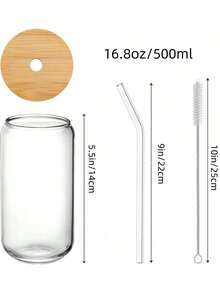 4/6pcs, 500ml/16.8oz Glass Cups, Transparent Glass Coffee Cups, Iced Coffee Cups, With Lids, Straws, Straw Brushes, Reusable, Suitable For Coffee, Milk Tea, Juice, Suitable For Various Scenarios Such As Restaurants, Bars, Commercial Use, Etc - 4個杯子+4個蓋子+4個吸管+4個吸管刷 - 查看 3