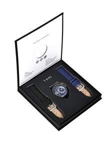 TOMI 礼品套装：男士旋转齿轮石英表，带可更换表带，礼盒装，适合日常生活、返校、万圣节、节日 - 藍色 - 查看 9