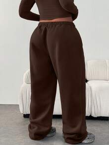 大码女式休闲宽松纯色弹力腰带口袋运动裤 冬季 - 咖啡棕 - 查看 4