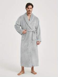 男士毛绒羊毛浴袍 - 舒适 V 领浴袍，配有可调节腰带和大口袋，可机洗，厚实保暖法兰绒，适合秋冬、居家休闲、浴袍、秋冬穿着，质地柔软 - 彩色 - 查看 10