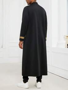 Kamisweat Muslim Men's Hooded Robe, Prayer Garment, Metal Decor Ribbon, Front Zipper, Side Pockets, Side Slits, Comfortable Long Dress For Vacation - Black - View 6