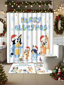 [Christmas Bluey Shower Curtain Window Curtain Set] 1/3/4pcs Christmas Solid Color Santa Hat Bluey Family And Friends Holiday Pattern Printed Shower Curtain Set, Modern Design, Suitable For All Seasons, Waterproof Polyester Hooks And Lining, Flannel Material, Soft Surface, Absorbent Anti-Slip Bathroom Mat, Bathroom Set Includes U-Shaped Mat, Toilet Mat, Anti-Slip Bathroom Mat And Bathroom Accessories, Home Decor, Holiday Decor, Christmas Gift, Daily Decor, Gift Giving