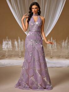 GIFORU 奢华薰衣草紫串珠亮片礼服 - 露背深 V 领和银色腰带，适合红毯活动、歌剧晚会和慈善舞会婚礼舞会礼服新娘婚纱女士礼服 - 淺灰紫 - 查看 1