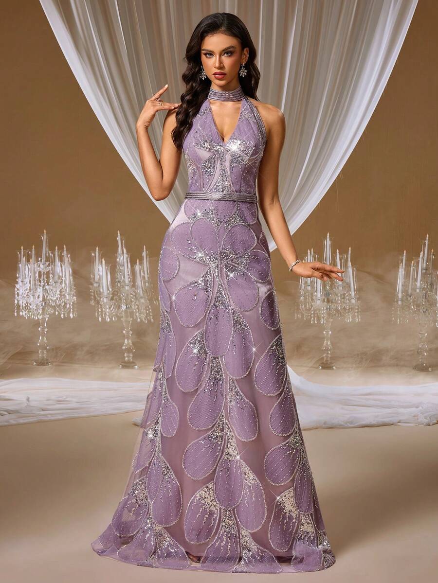 GIFORU 奢华薰衣草紫串珠亮片礼服 - 露背深 V 领和银色腰带，适合红毯活动、歌剧晚会和慈善舞会婚礼舞会礼服新娘婚纱女士礼服 - 淺灰紫 - 查看 1