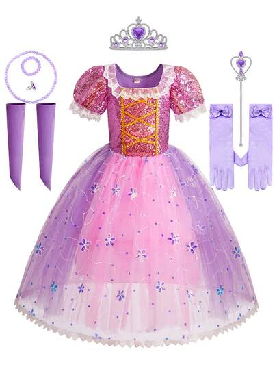 10pcs/Set Tulle Applique Puff Sleeve Wristband Girls' Purple Puff Dress Accessory Set, Children's Role Play Costume For Halloween, Christmas, Party, Stage Performance
