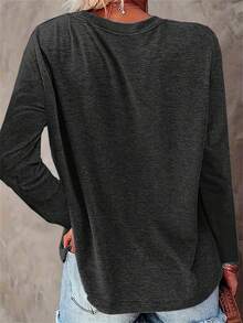 1 Piece Of Printed Round Neck T-Shirt, Casual Long Sleeve Comfortable Daily Wear Top, Suitable For Spring And Autumn, Women's Classic Versatile - 灰色的 - 查看 2