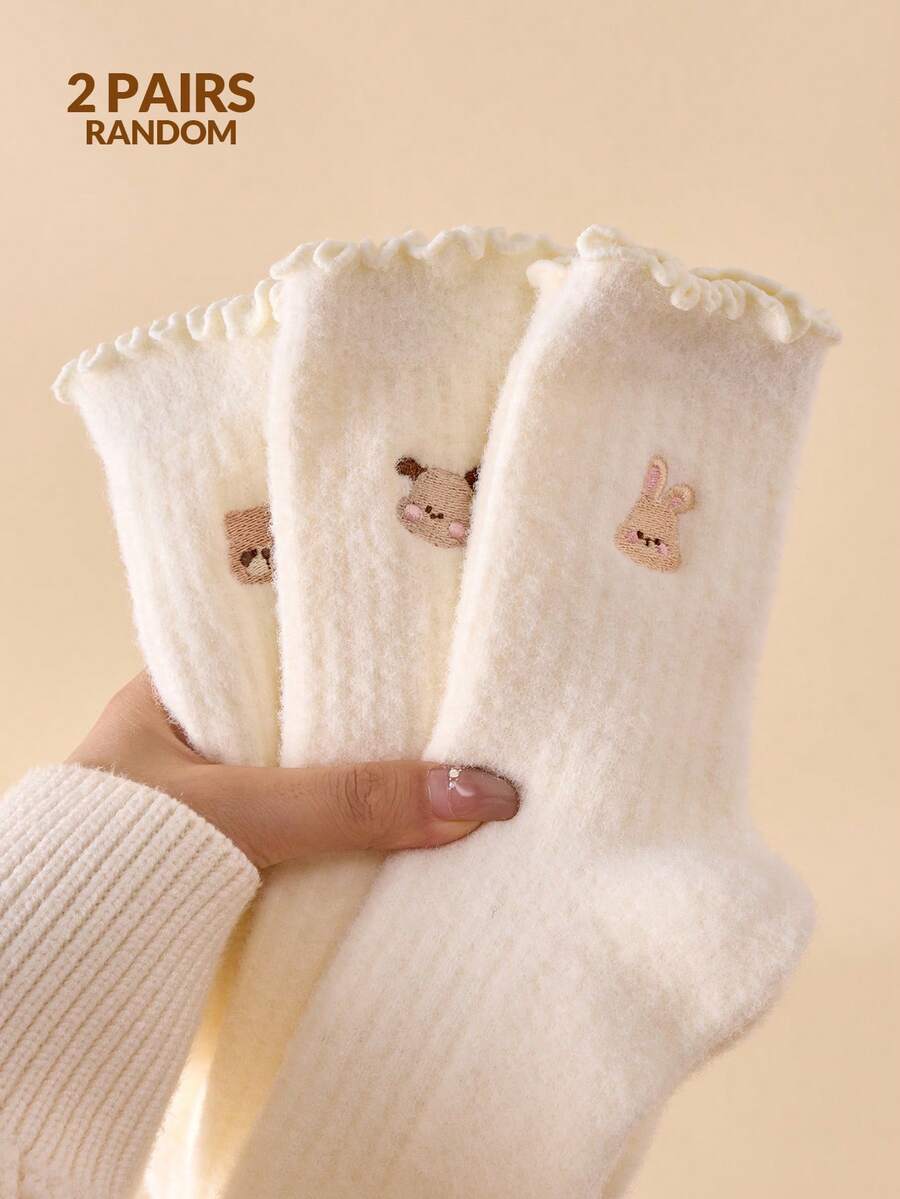 2 Pairs Women's Cute Animal Pattern Puppy&Bunny&Bear White Plush Thermal Warm Socks With Lettuce Trim Simple Mink Plush Socks Mid-Calf Socks Crew Socks Thick Soft Fluffy Comfortable Socks Floor Socks Random Color, For Daily Wearing And Outings, Suitable For Fall&Winter - View 1