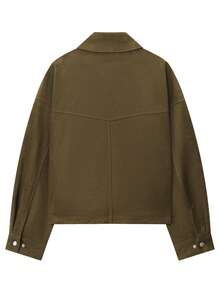 Women's Short Suede Aviator Jacket, Autumn/Winter Outerwear, Autumn, Women's Zipper Long Sleeve Top, Short Green Zipper Short Jacket, Winter - Khaki - View 2