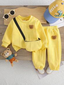 2pcs Baby Boy Casual Outfit Set - Letter Jacquard Crew Neck Long Sleeve Sweatshirt With Bear Embroidery And Pants, Autumn/Winter - Yellow - View 1