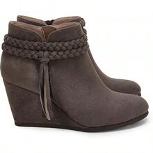 Womens Wedge Ankle Boots Braided Fringe Strap Western Heeled Fall Booties Dress Shoes - 2-Xám đậm (giả da lộn) - Xem 2