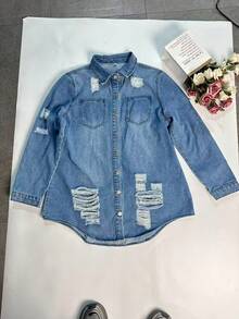 Áo khoác denim dáng lửng, rách nhẹ, chất liệu denim bạc màu, thích hợp cho nữ, cỡ lớn, mùa xuân. - Rửa nhẹ - Xem 3